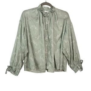 Doen blouse XS womens Green floral Cotton Lightweight top Ruffle Long tie sleeve